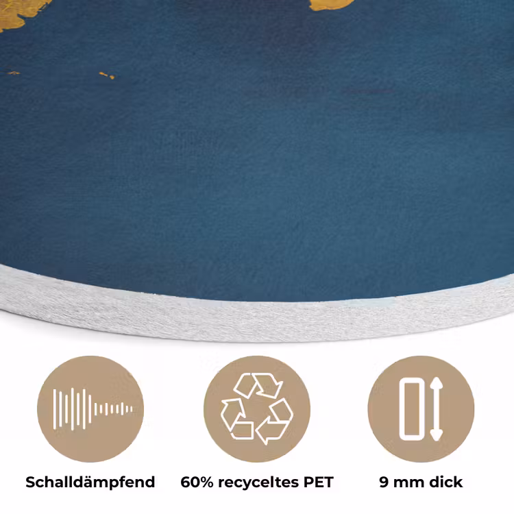 Wereldkaart - Goud - Donkerblauw Akoestische PET Vilt - Rond klein -closeup_DE