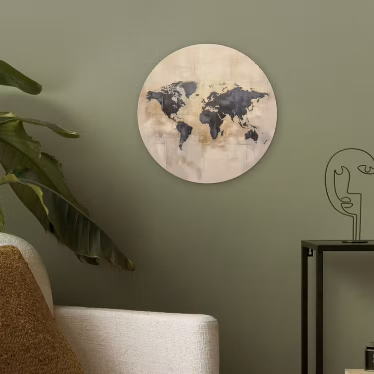 Wereldkaart - Goud - Zwart - Abstract Akoestische PET Vilt - Rond klein -sfeer2