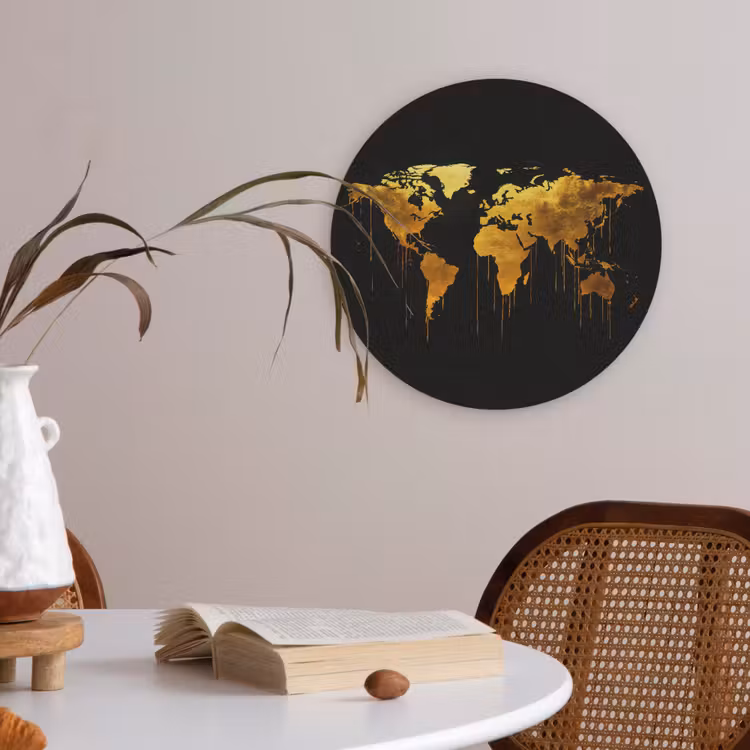 Wereldkaart - Goud - Druipen - Zwart Akoestische PET Vilt - Rond klein -sfeer3