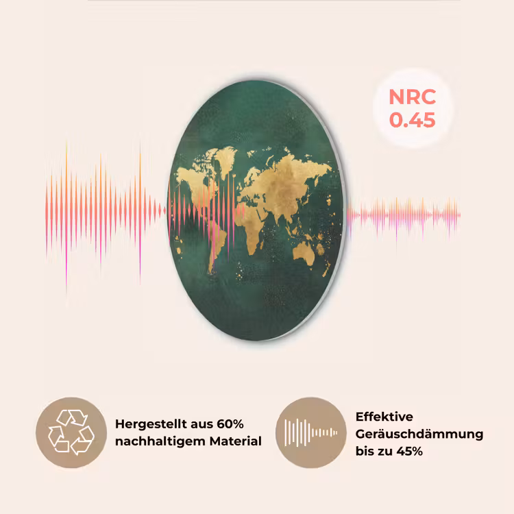 Wereldkaart - Groen - Goud Akoestische PET Vilt - Rond klein -USP_DE