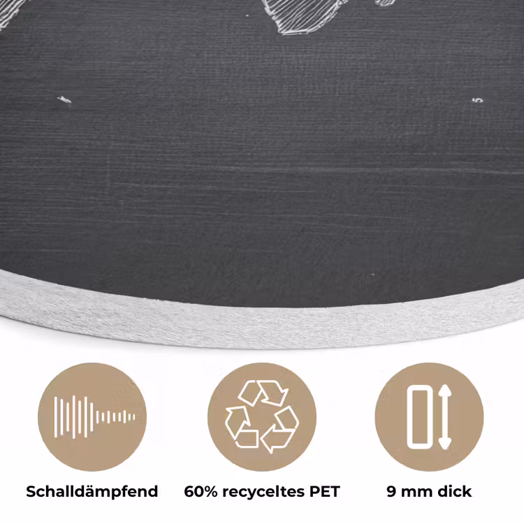 Wereldkaart - Krijt - Zwart - minimalistisch Akoestische PET Vilt - Rond klein -closeup_DE