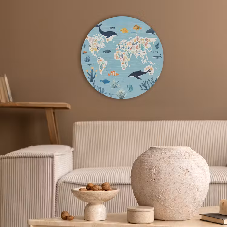 Wereldkaart - Zeeleven - Blauw Akoestische PET Vilt - Rond klein -sfeer1