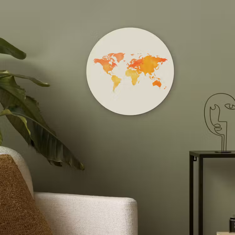 Wereldkaart - Oranje - Kleurrijk Akoestische PET Vilt - Rond klein -sfeer2