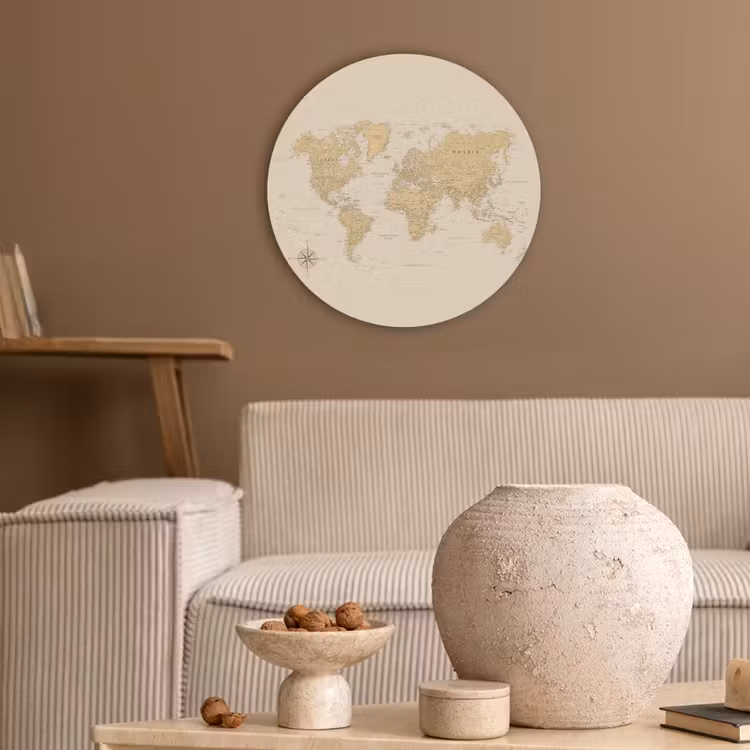 Wereldkaart - Realistisch - Beige Akoestische PET Vilt - Rond klein -sfeer1