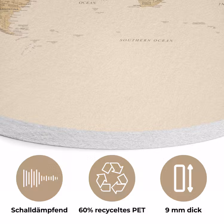 Wereldkaart - Realistisch - Beige Akoestische PET Vilt - Rond klein -closeup_DE