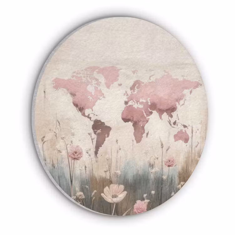 Wereldkaart - Roze - Bloemen Akoestische PET Vilt - Rond klein -3d