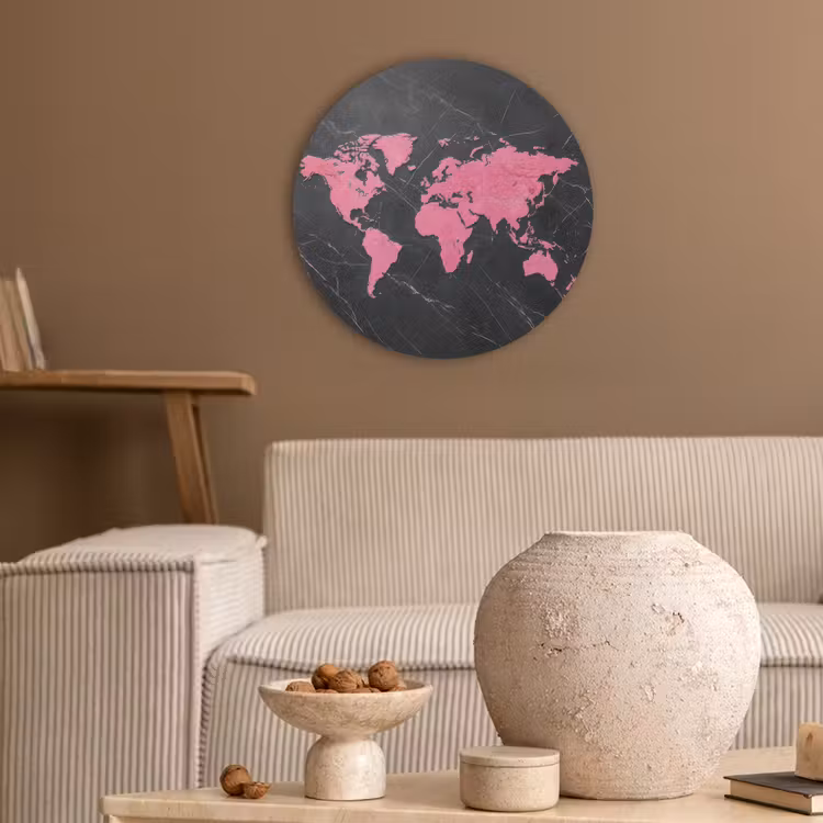 Wereldkaart - Roze - Marmer Akoestische PET Vilt - Rond klein -sfeer1