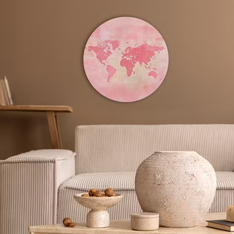 Wereldkaart - Roze - Vaag Akoestische PET Vilt - Rond klein -sfeer1