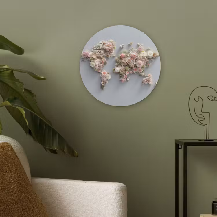 Wereldkaart - Rozen - Roze Akoestische PET Vilt - Rond klein -sfeer2