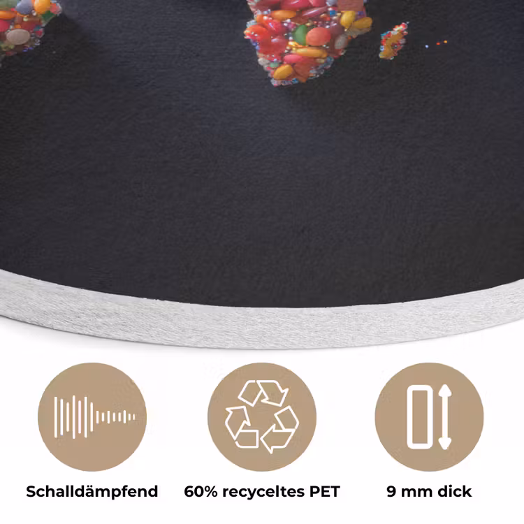 Wereldkaart - Snoepjes - Felle kleuren Akoestische PET Vilt - Rond klein -closeup_DE
