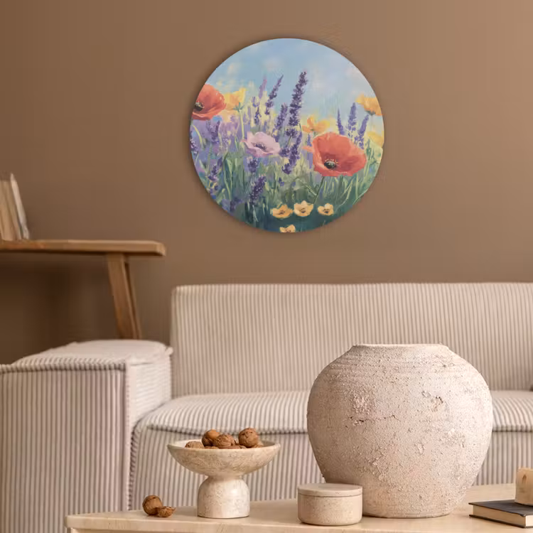 Weide - Bloemen - Kleurrijk Akoestische PET Vilt - Rond klein -sfeer1