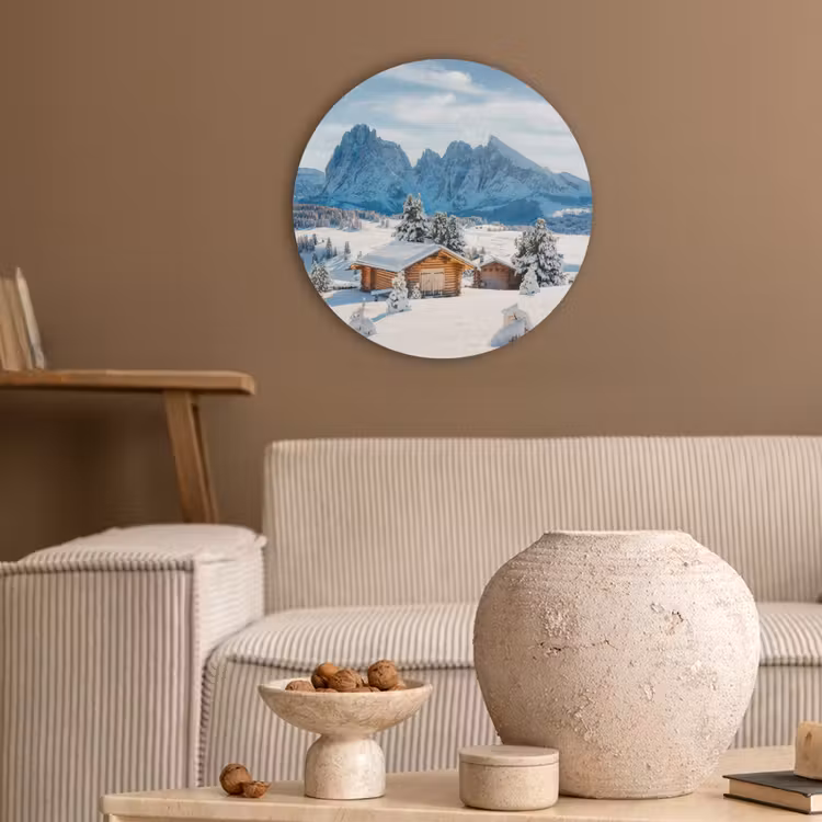 Winter - Huisje - Bergen - Uitzicht - Sneeuw Akoestische PET Vilt - Rond klein -sfeer1
