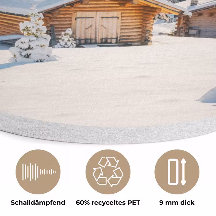 Winter - Huisje - Bergen - Uitzicht - Sneeuw Akoestische PET Vilt - Rond klein -closeup_DE