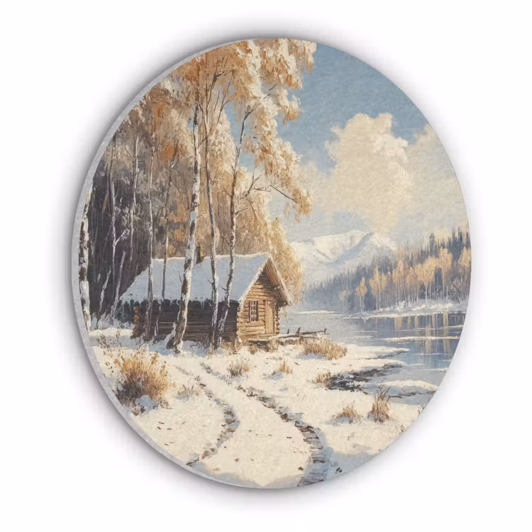 Winter - Sneeuw - Huis - Natuur Akoestische PET Vilt - Rond klein -3d