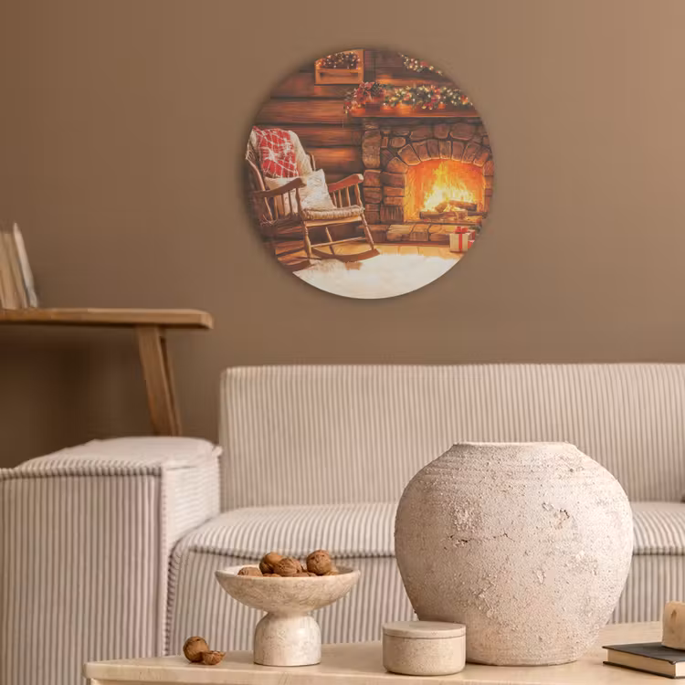 Winter - Kerst - Huis - Openhaard Akoestische PET Vilt - Rond klein -sfeer1