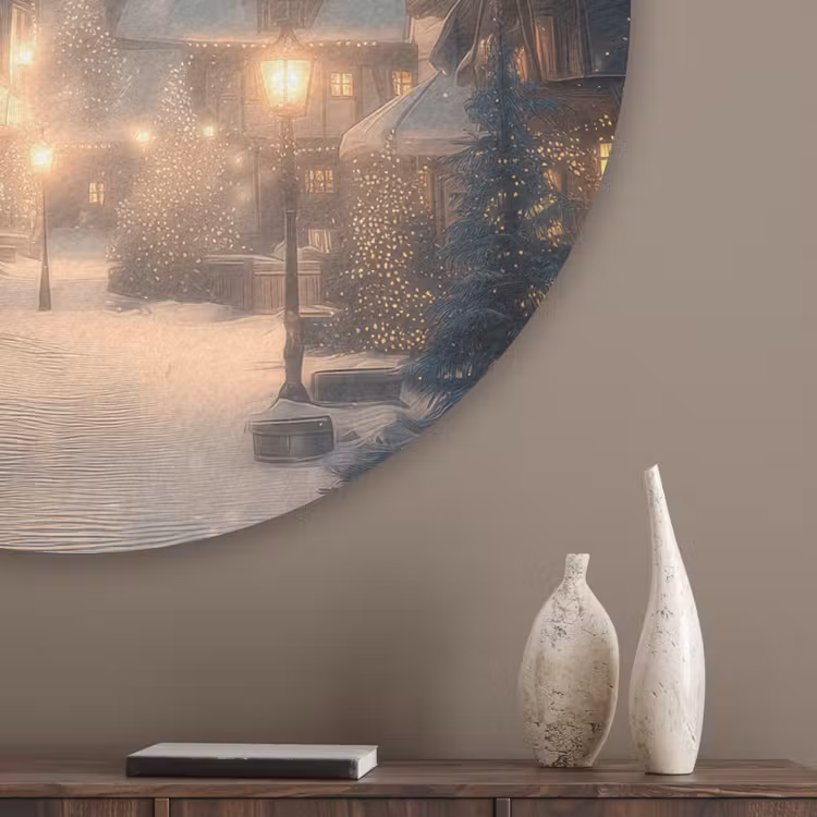 Winterdorp - Sneeuw - Donker Akoestische PET Vilt - Rond klein -sfeer5_closeup