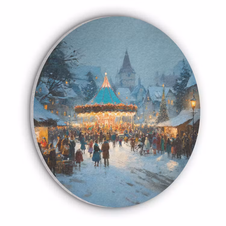 Winterkermis - Dorp - Kleurrijk Akoestische PET Vilt - Rond klein -3d
