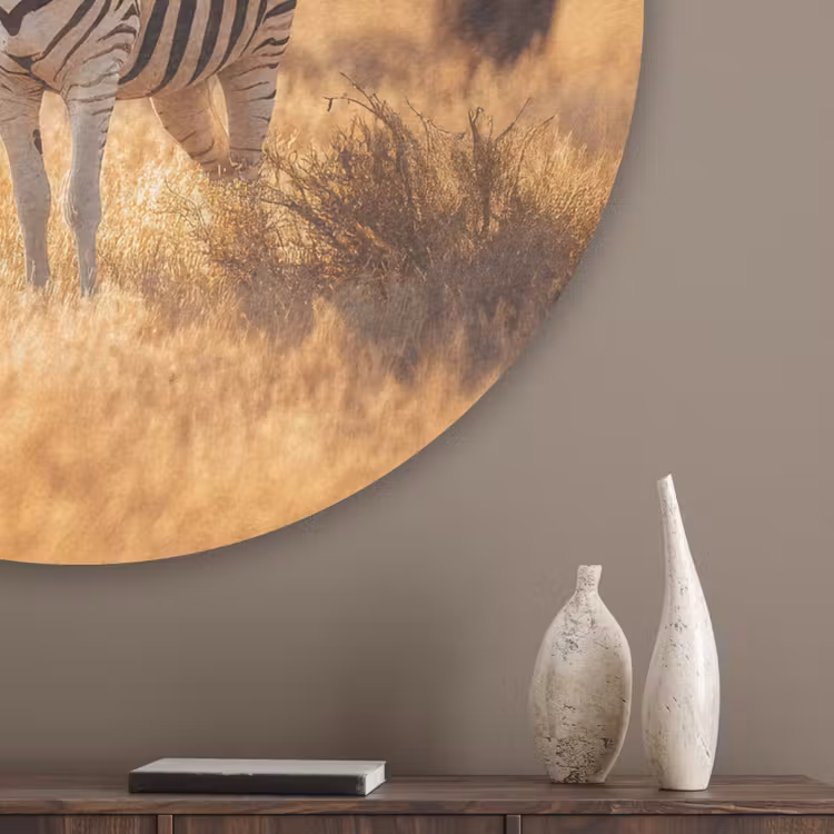 Zebra's - Savannelandschap - Gras Akoestische PET Vilt - Rond klein -sfeer5_closeup