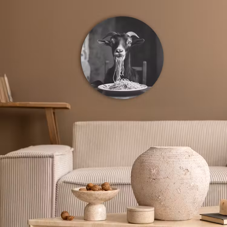 Geit - Bord - Spaghetti - Zwart Wit Akoestische PET Vilt - Rond klein -sfeer1