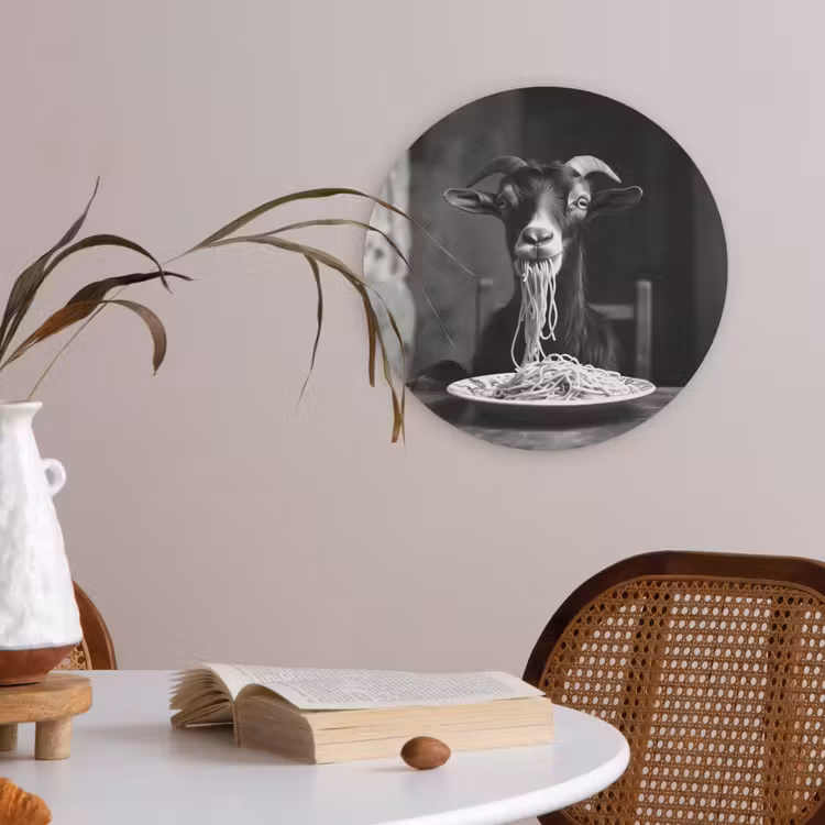 Geit - Bord - Spaghetti - Zwart Wit Akoestische PET Vilt - Rond klein -sfeer3