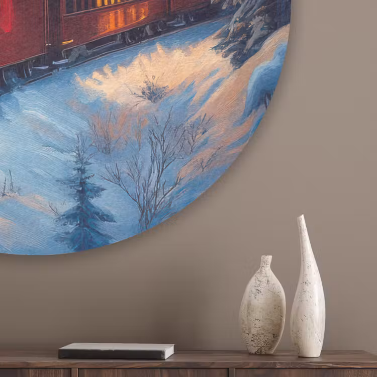 Trein - Kerst - Sneeuw - Kersttrein Akoestische PET Vilt - Rond klein -sfeer5_closeup