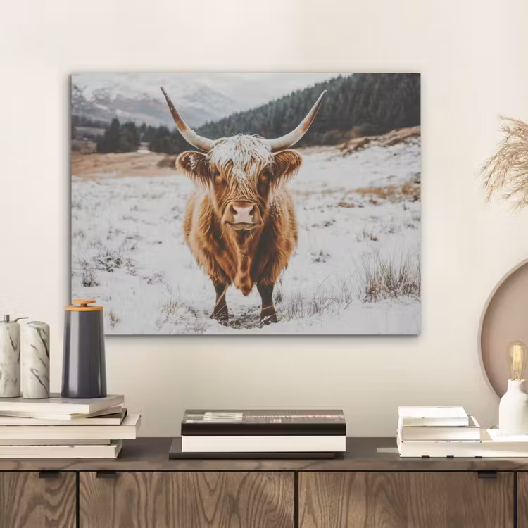 Schotse Hooglander - Landschap - Sneeuw - Bergen - Winter PET vilt klein -sfeer1