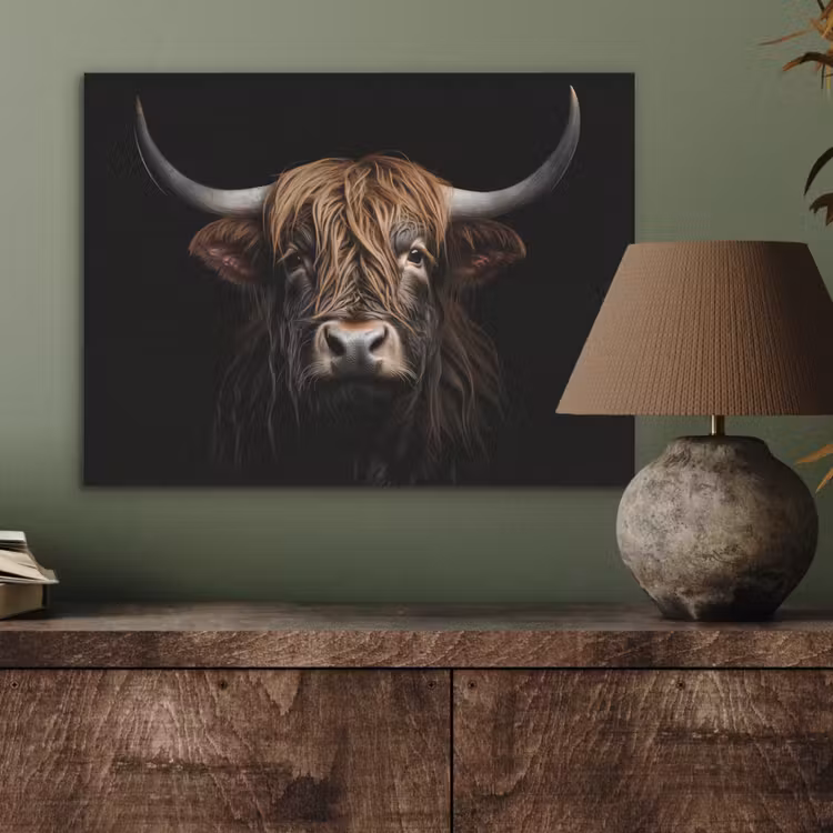 Schotse hooglander - Portret - Zwart - Dier PET vilt klein -sfeer2