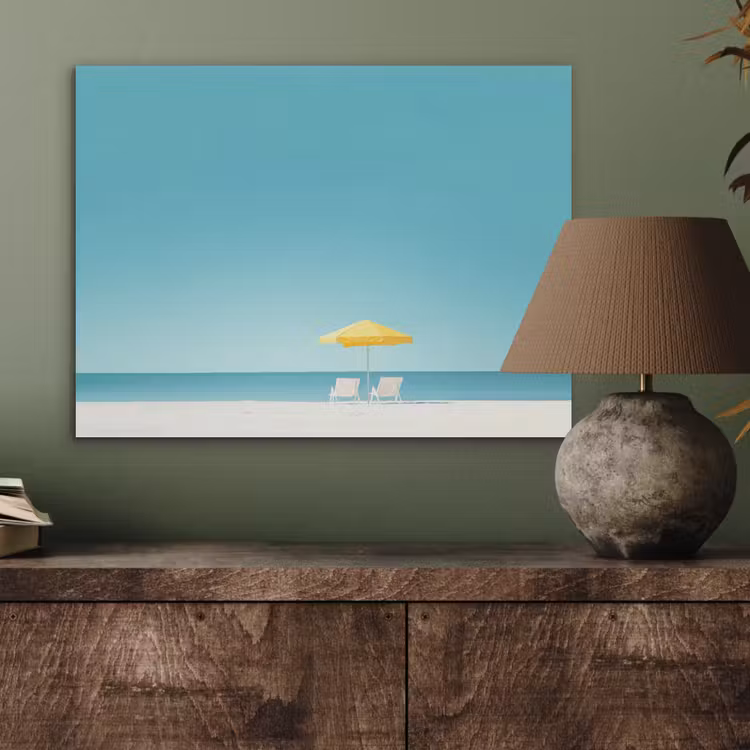 Strand - Blauwe lucht - Geel - Parasol PET vilt klein -sfeer2