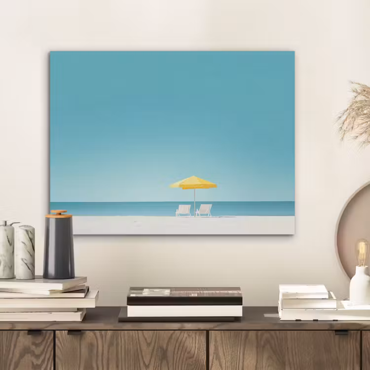 Strand - Blauwe lucht - Geel - Parasol PET vilt klein -sfeer1