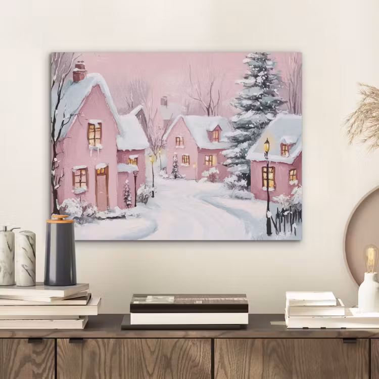 Kerstdorp - Roze - Winter - Sneeuw - Huizen PET vilt klein -sfeer1