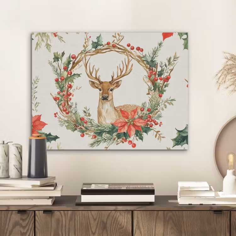 Kerstkrans - Hert - Hulst - Rood PET vilt klein -sfeer1