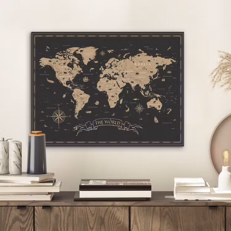 Wereldkaart - Beige - Zwart PET vilt klein -sfeer1