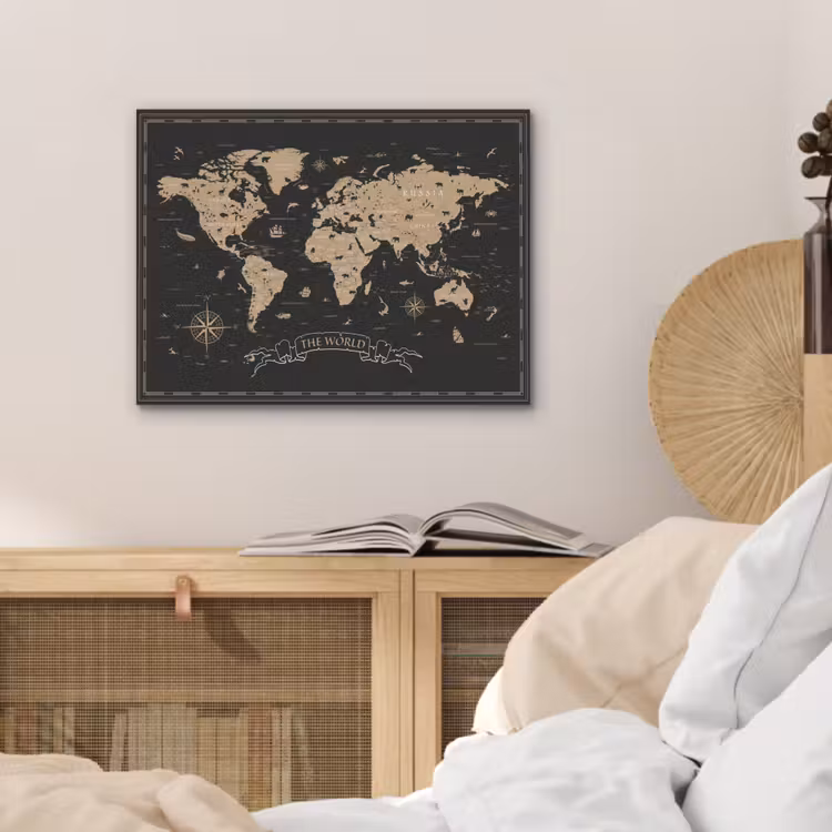 Wereldkaart - Beige - Zwart PET vilt klein -sfeer3