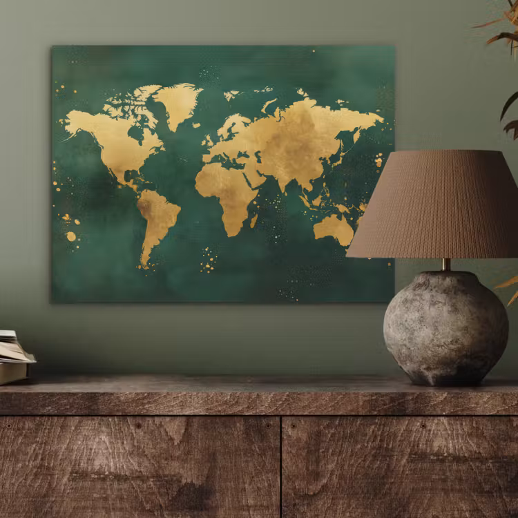 Wereldkaart - Groen - Goud PET vilt klein -sfeer2