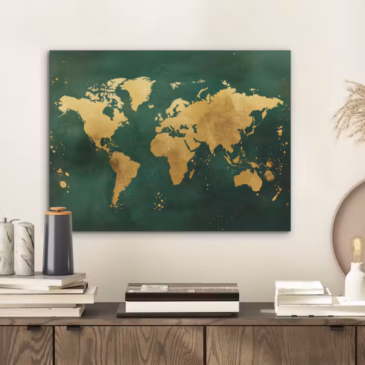 Wereldkaart - Groen - Goud PET vilt klein -sfeer1