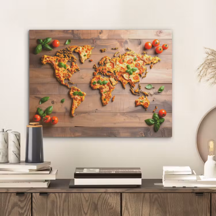 Wereldkaart - Pizza - Houten ondergrond PET vilt klein -sfeer1