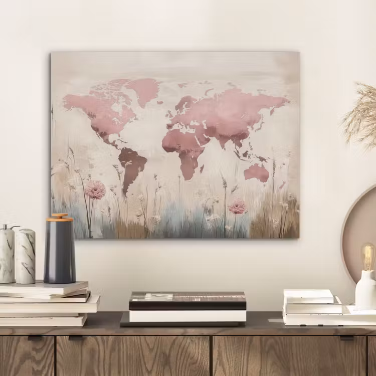 Wereldkaart - Roze - Bloemen PET vilt klein -sfeer1
