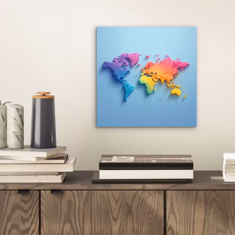3D - Regenboog - Wereldkaart aluminium wit klein -sfeer1
