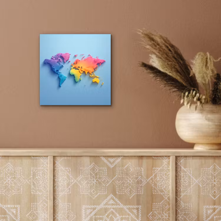 3D - Regenboog - Wereldkaart aluminium wit klein -sfeer4