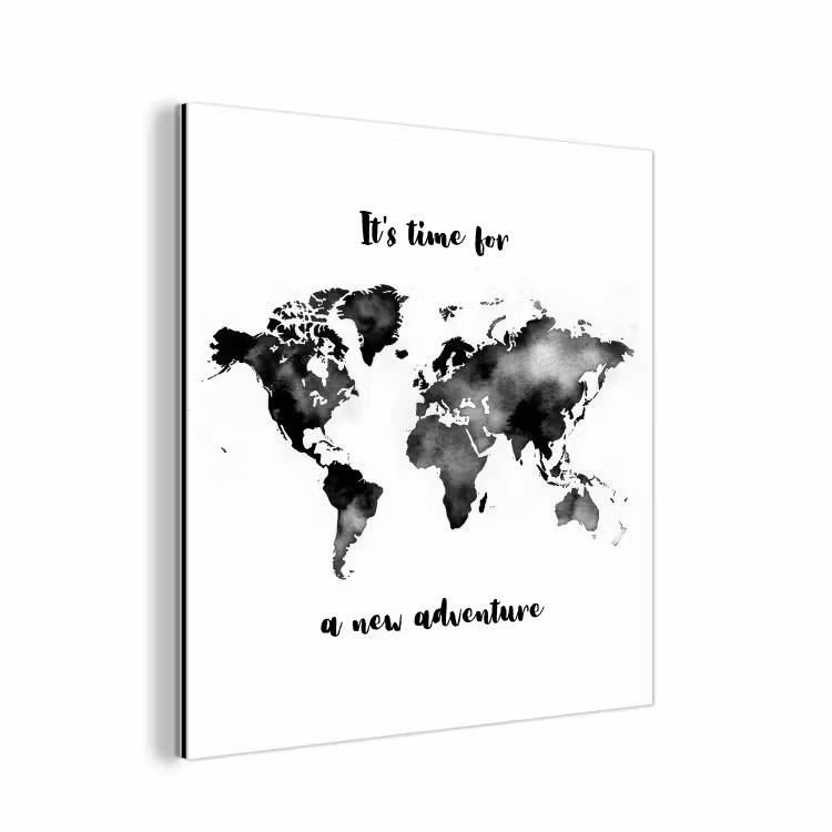 Avontuur - Quote - Wereldkaart - Zwart aluminium wit klein -3d