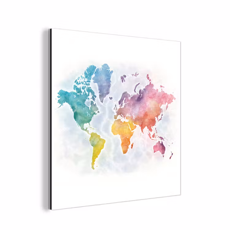 Waterverf - Wereldkaart - Continenten aluminium wit klein -3d