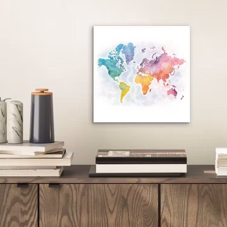 Waterverf - Wereldkaart - Continenten aluminium wit klein -sfeer1