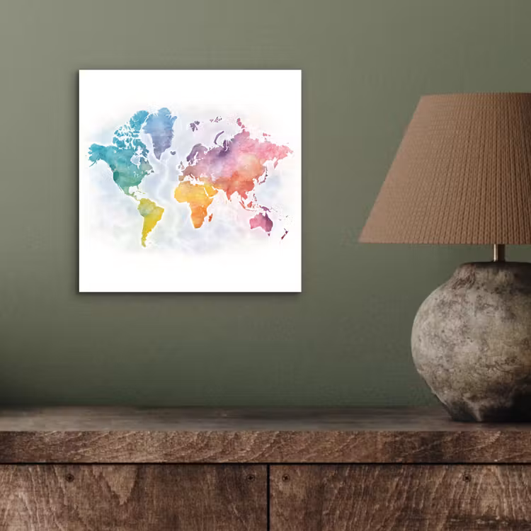 Waterverf - Wereldkaart - Continenten aluminium wit klein -sfeer2