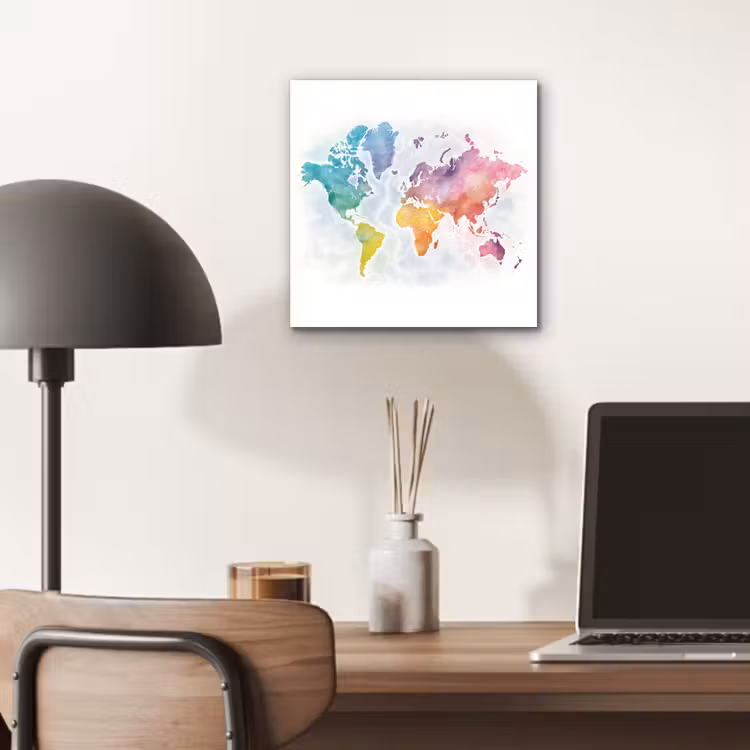 Waterverf - Wereldkaart - Continenten aluminium wit klein -sfeer5