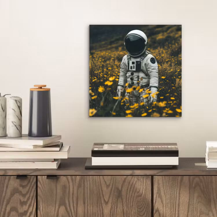 Astronaut - Bloemen - Veld - Geel aluminium wit klein -sfeer1