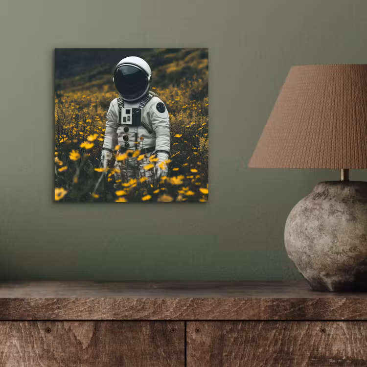Astronaut - Bloemen - Veld - Geel aluminium wit klein -sfeer2