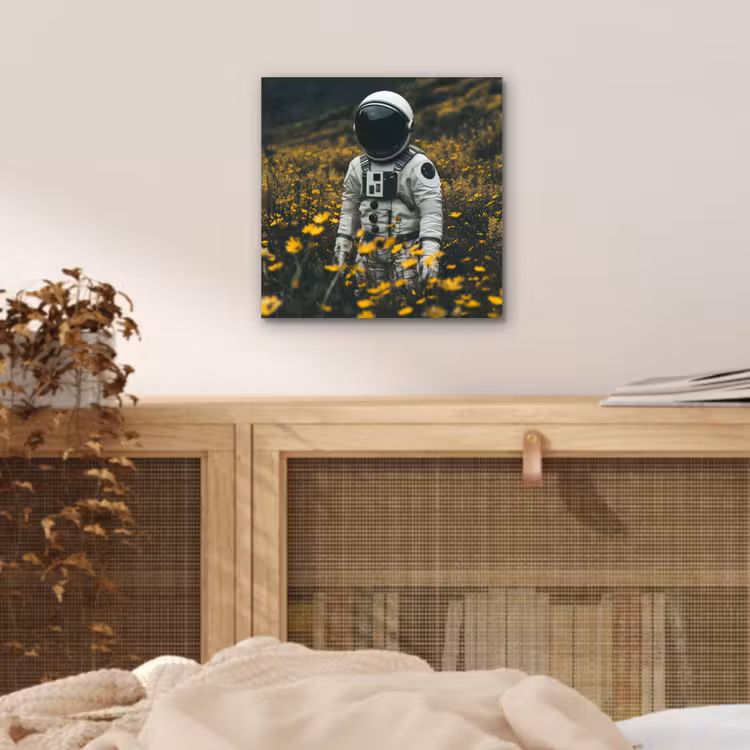 Astronaut - Bloemen - Veld - Geel aluminium wit klein -sfeer3