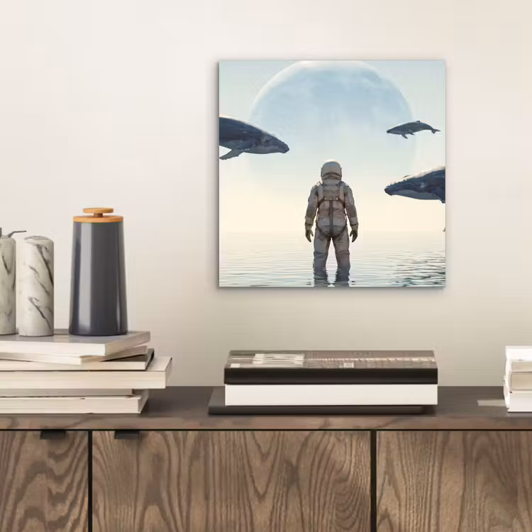 Alu-Dibond-Bild - Astronaut – Wal – Fantasie - Ruimtevaarder - Walvis - Fantasie aluminium wit klein