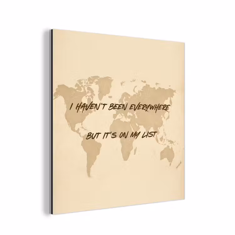 Beige - Wereldkaart - Quote - Handgeschreven aluminium wit klein -3d