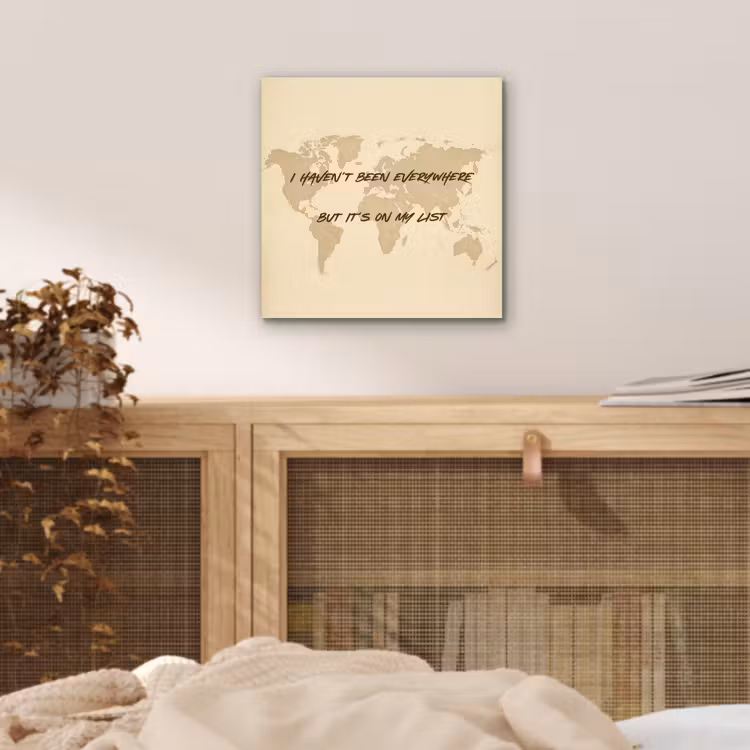 Beige - Wereldkaart - Quote - Handgeschreven aluminium wit klein -sfeer3